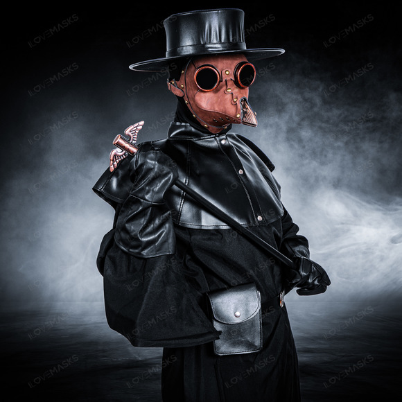 Plague Doctor with Bird Beak Mask & Flat Hat Full Costume Set - Brown